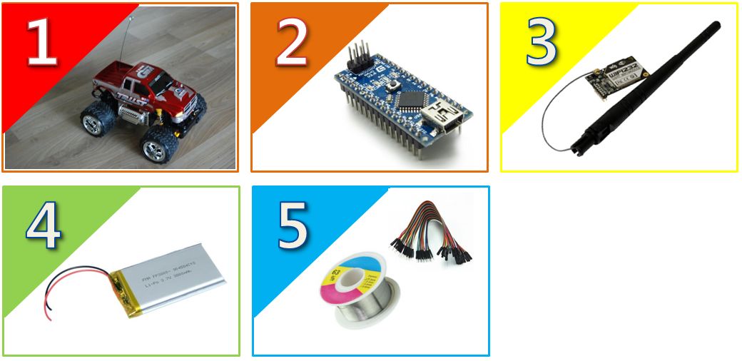 1. Toycar 2. Arduino Nano 3. WIFI232 4. LiPo Battery 3.7V 5. Jumper wires and soldering wire